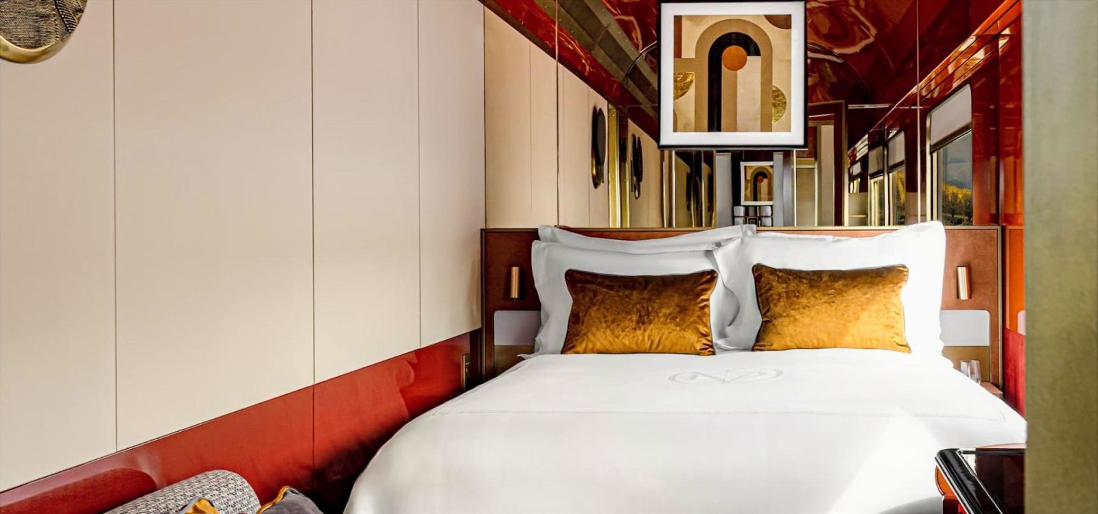 Deluxe en-suite cabin with geometric textiles and panoramic window